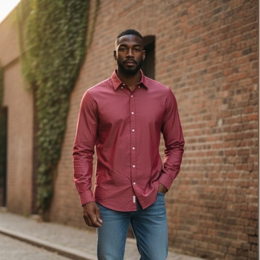 Express 1MX NWT Mens Extra Slim Stretch Dress Shirt Red Long Sleeve XL 17-17.5‎